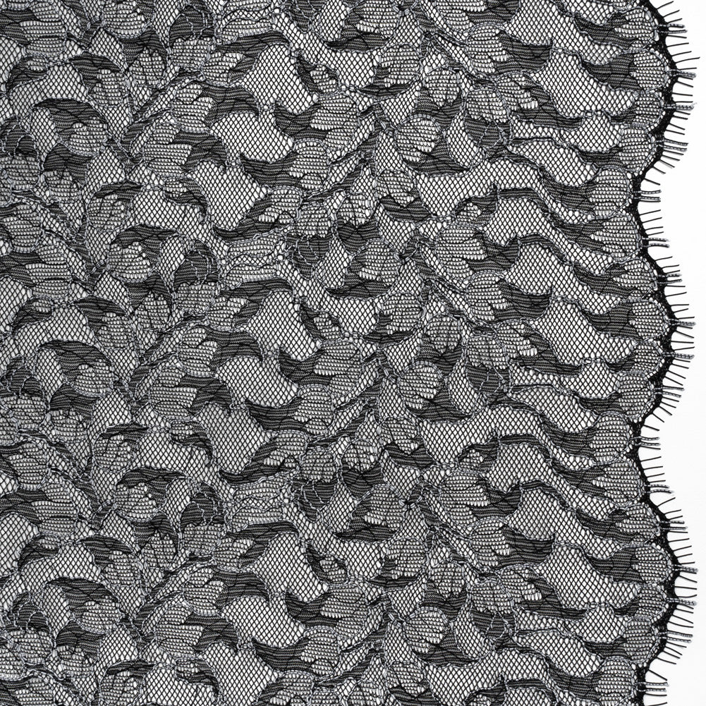 Corded Raschel Lace Panel with Finished Edges - Black and White Outlined Leaves