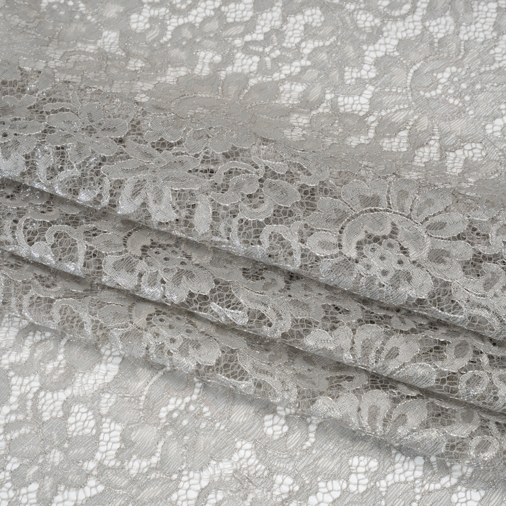 Luminous Delicate Raschel Lace Panel with Finished Edges - Sandstone Gray and Silver Blooming Flowers and Leaves