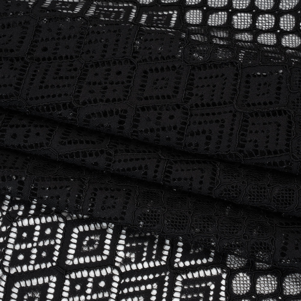 Corded Lace with Finished Edges - Black Decorated Diamond Stripes