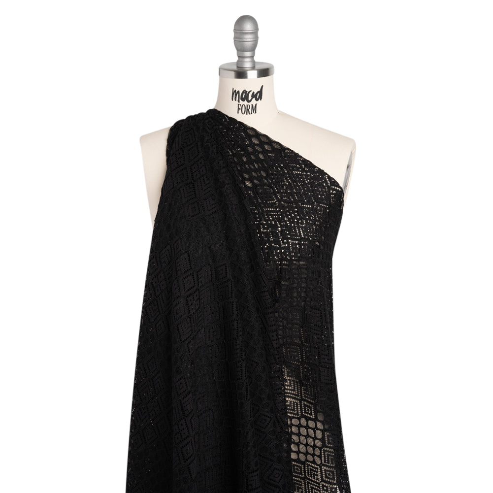 Corded Lace with Finished Edges - Black Decorated Diamond Stripes