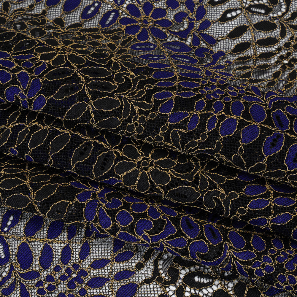 Corded Lace Panel with Finished Edges - Black, Blue and Gold Flowers and Leafy Vines
