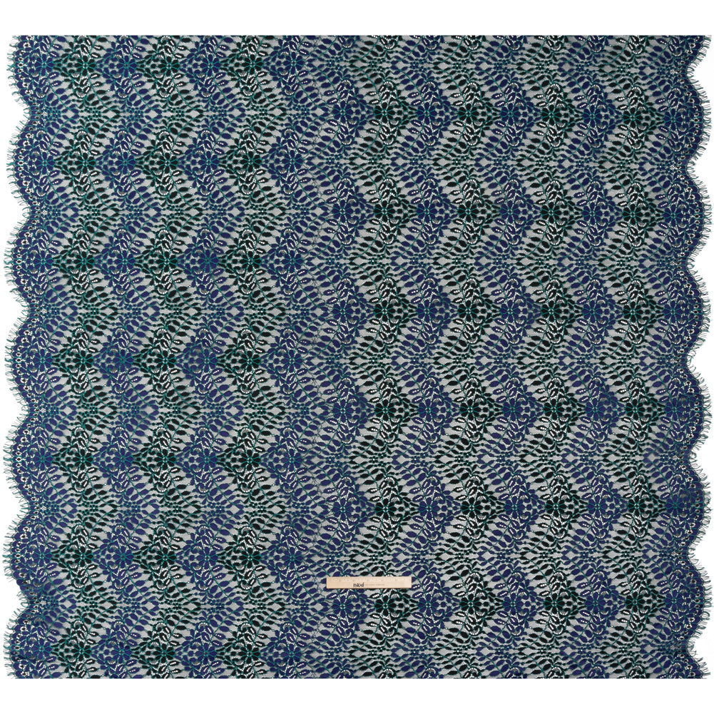 Corded Lace Panel with Finished Edges - Black, Blue and Teal Flowers and Leafy Vines