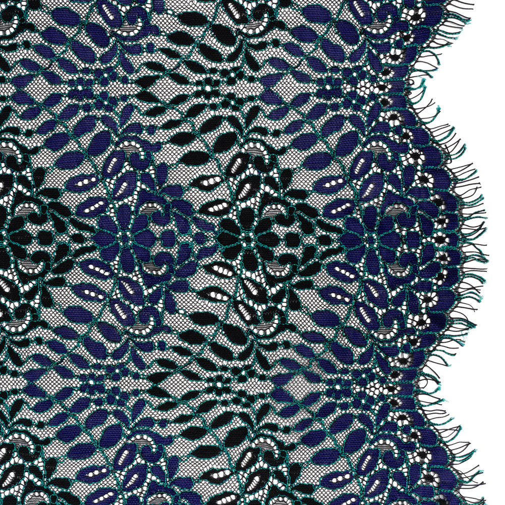 Corded Lace Panel with Finished Edges - Black, Blue and Teal Flowers and Leafy Vines