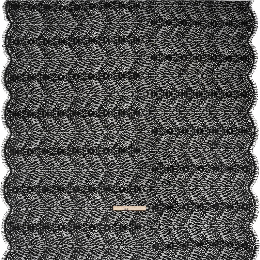 Corded Lace Panel with Finished Edges - Black Flowers and Leafy Vines