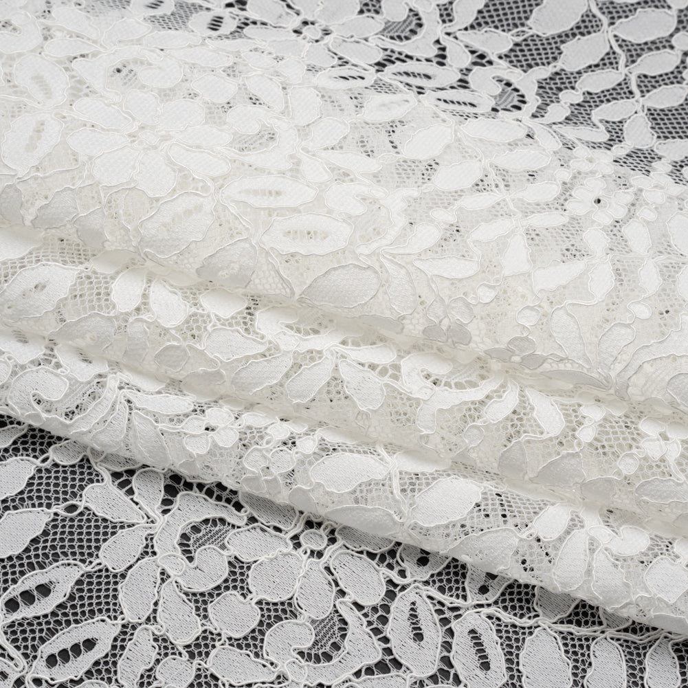 Corded Lace Panel with Finished Edges - Ivory Flowers and Leafy Vines