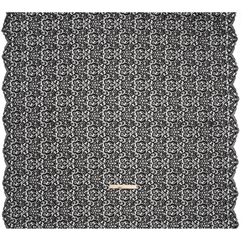 Corded Lace with Scalloped Finished Edges - Black Leafy Vines and Flowers