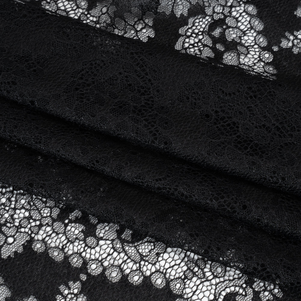 Raschel Lace Panel with Finished Edges - Black Ornate Leafy Chevrons
