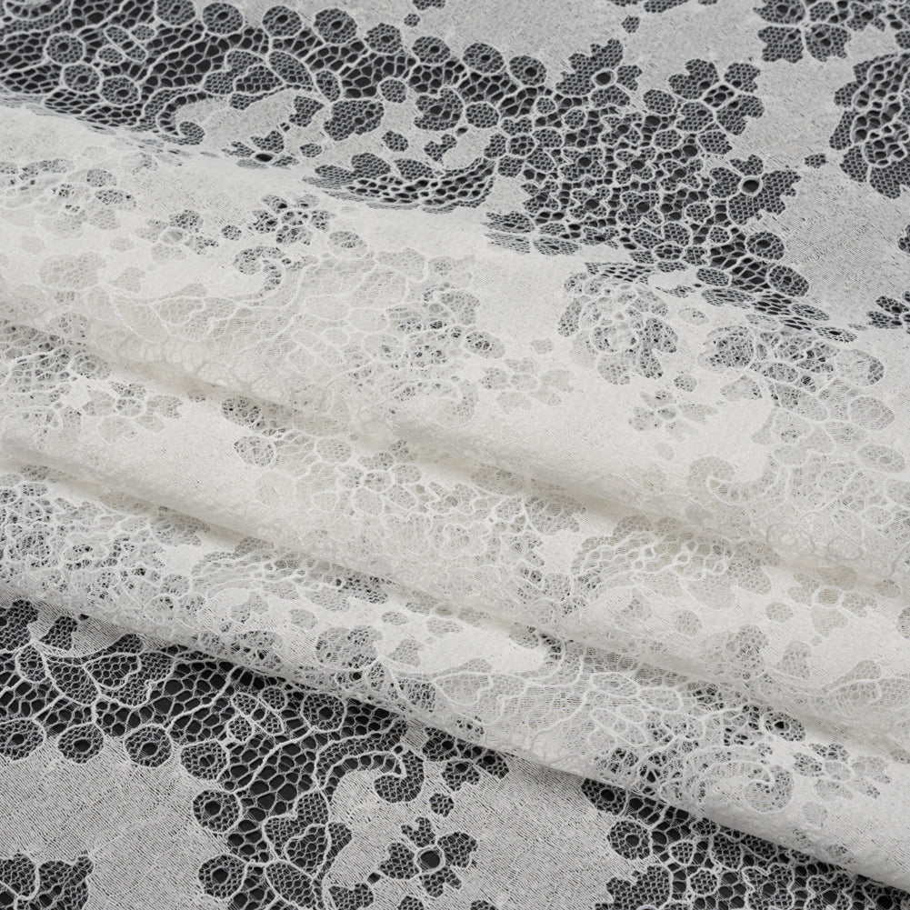 Raschel Lace Panel with Finished Edges - White PFD Ornate Leafy Chevrons