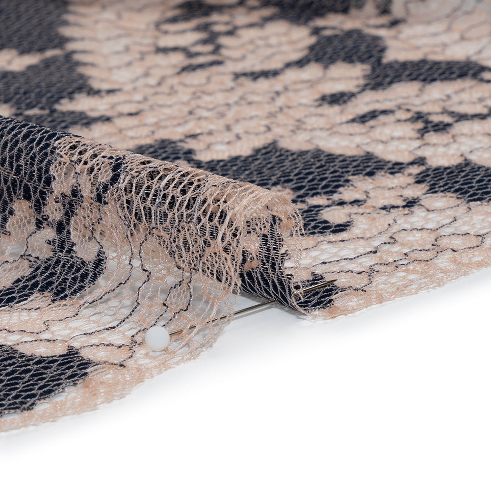 Raschel Lace Panel with Finished Edges - Shell Pink and Navy Ornate Leafy Chevrons