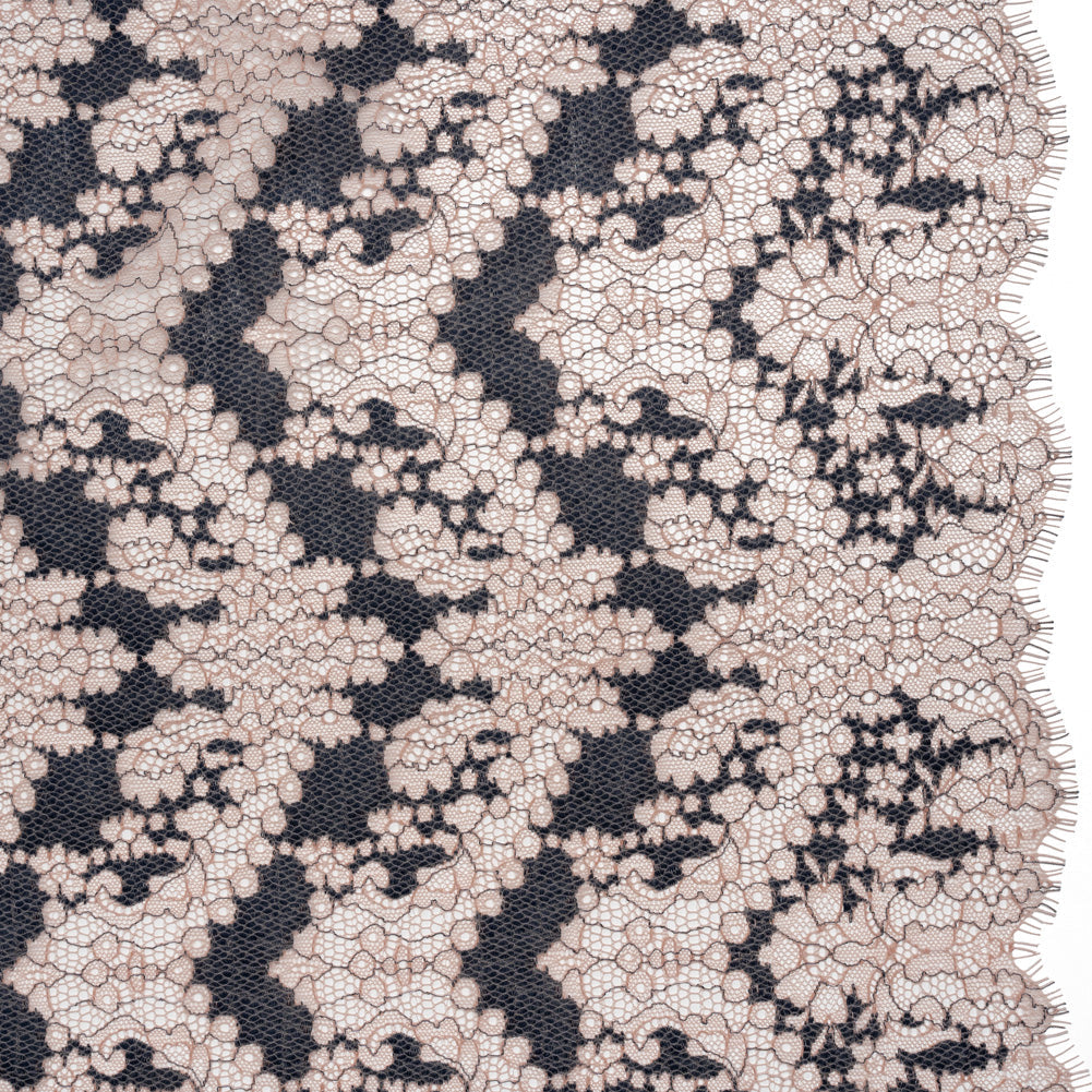 Raschel Lace Panel with Finished Edges - Shell Pink and Navy Ornate Leafy Chevrons