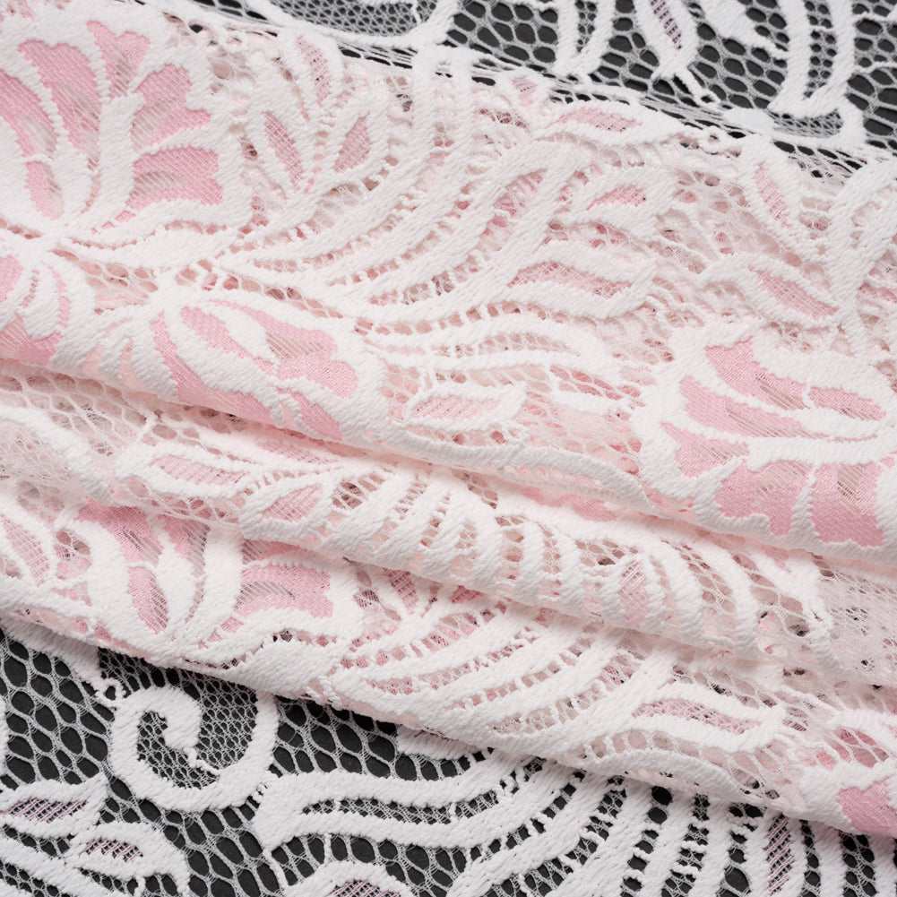 Re-Embroidered Stretch Lace with Finished Edges - Ivory and Roseate Pink Blossom Trios and Leaves - Tatiana Collection