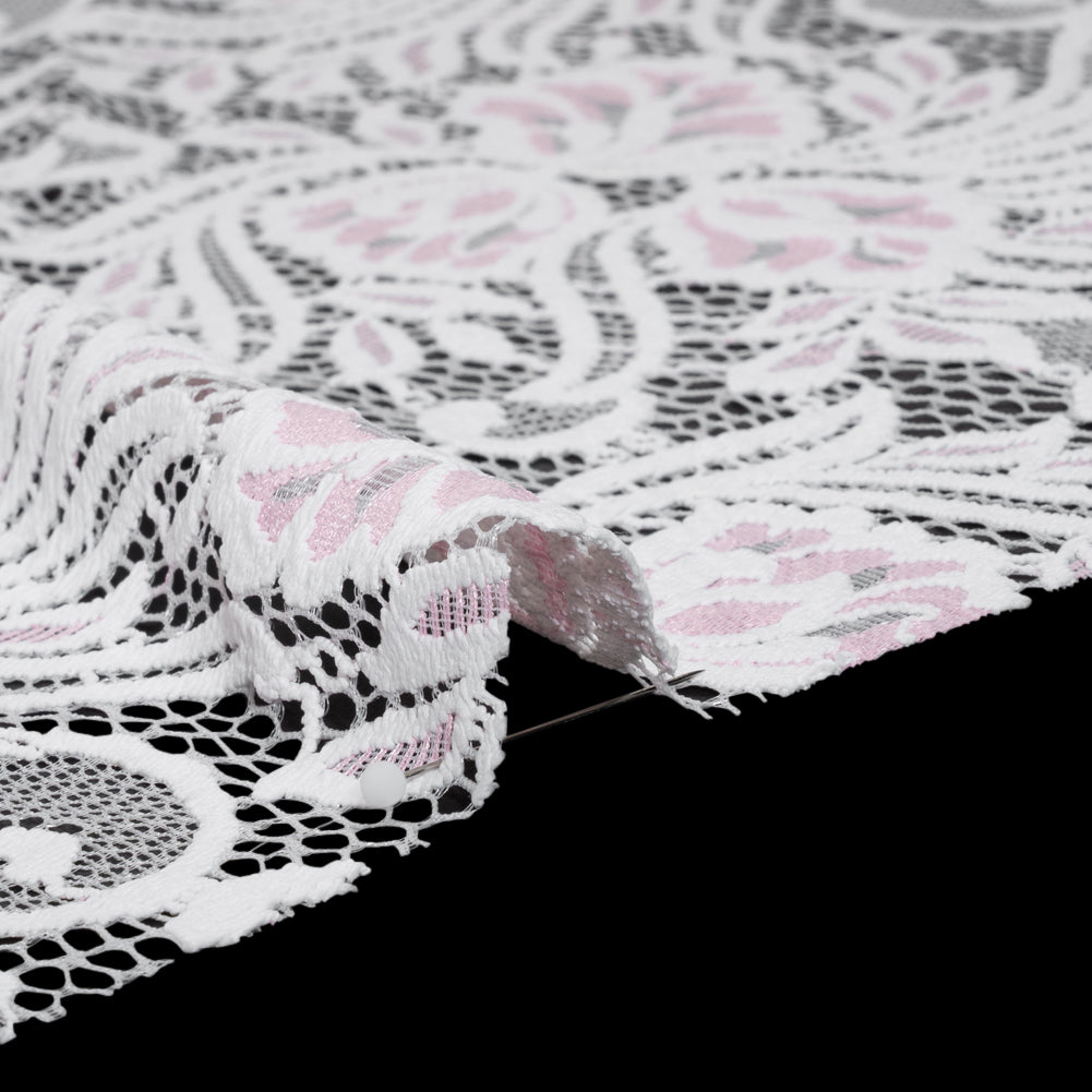 Re-Embroidered Stretch Lace with Finished Edges - Ivory and Roseate Pink Blossom Trios and Leaves - Tatiana Collection