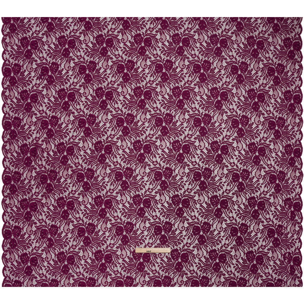 Re-Embroidered Stretch Lace with Finished Edges - Florentina Plum Purple Blossom Trios and Leaves - Tatiana Collection