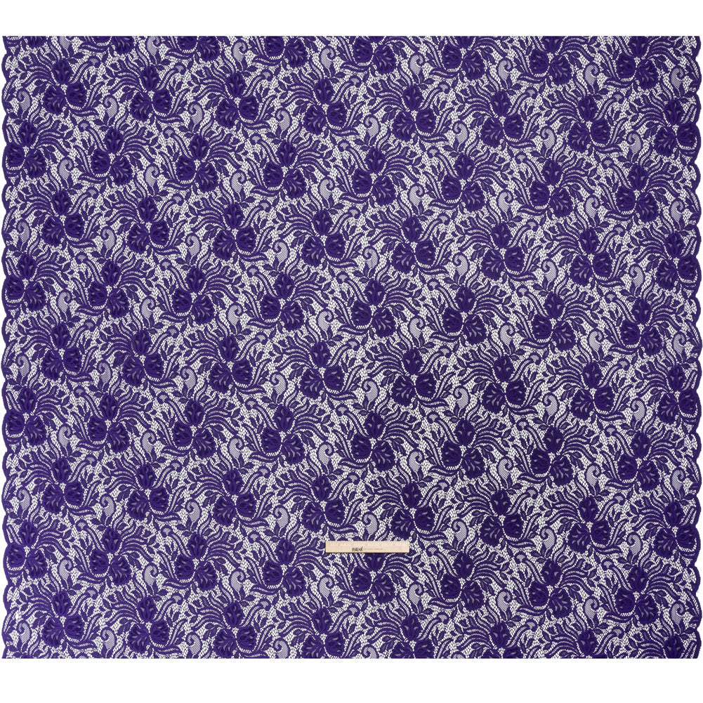 Re-Embroidered Stretch Lace with Finished Edges - Sweet Berry Blue Blossom Trios and Leaves - Tatiana Collection
