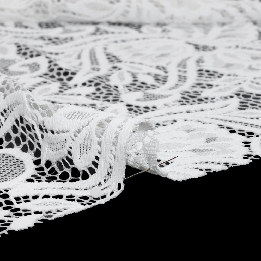 Re-Embroidered Stretch Lace with Finished Edges - Ivory Blossom Trios and Leaves - Tatiana Collection