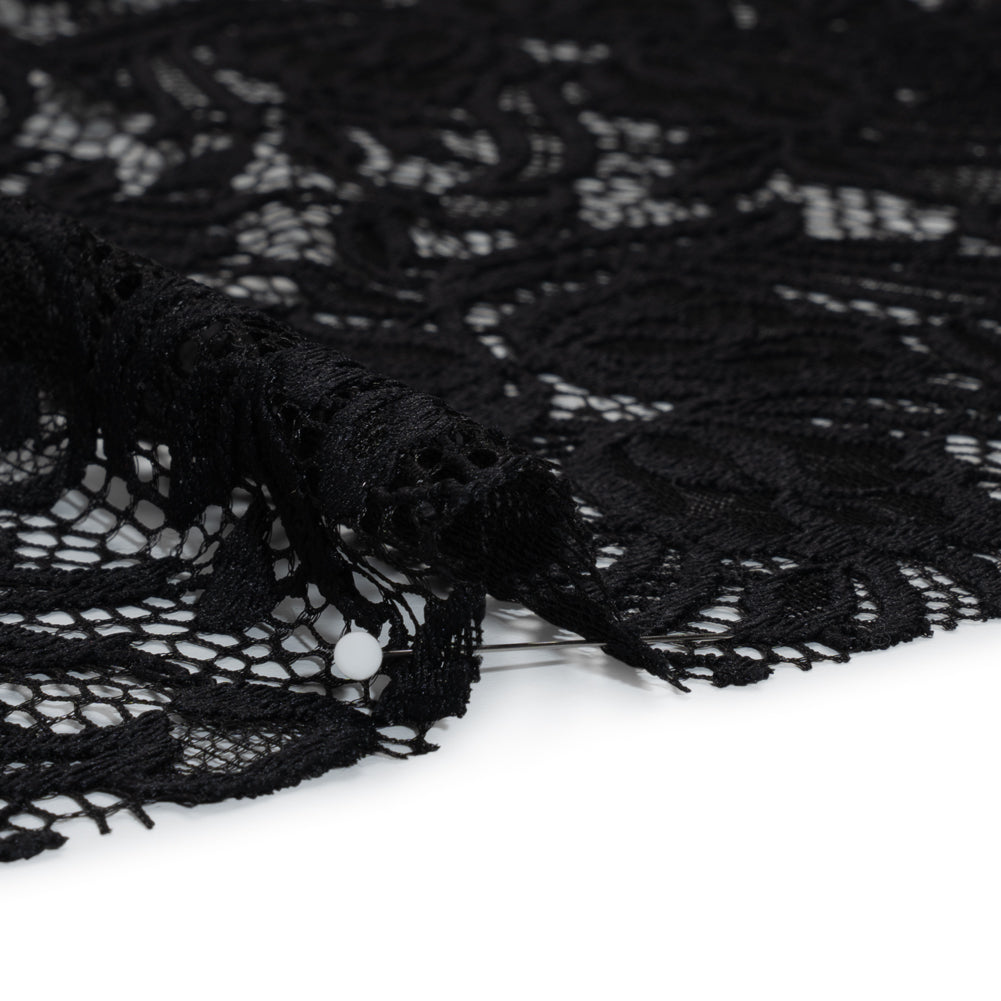 Re-Embroidered Stretch Lace with Finished Edges - Black Blossom Trios and Leaves - Tatiana Collection