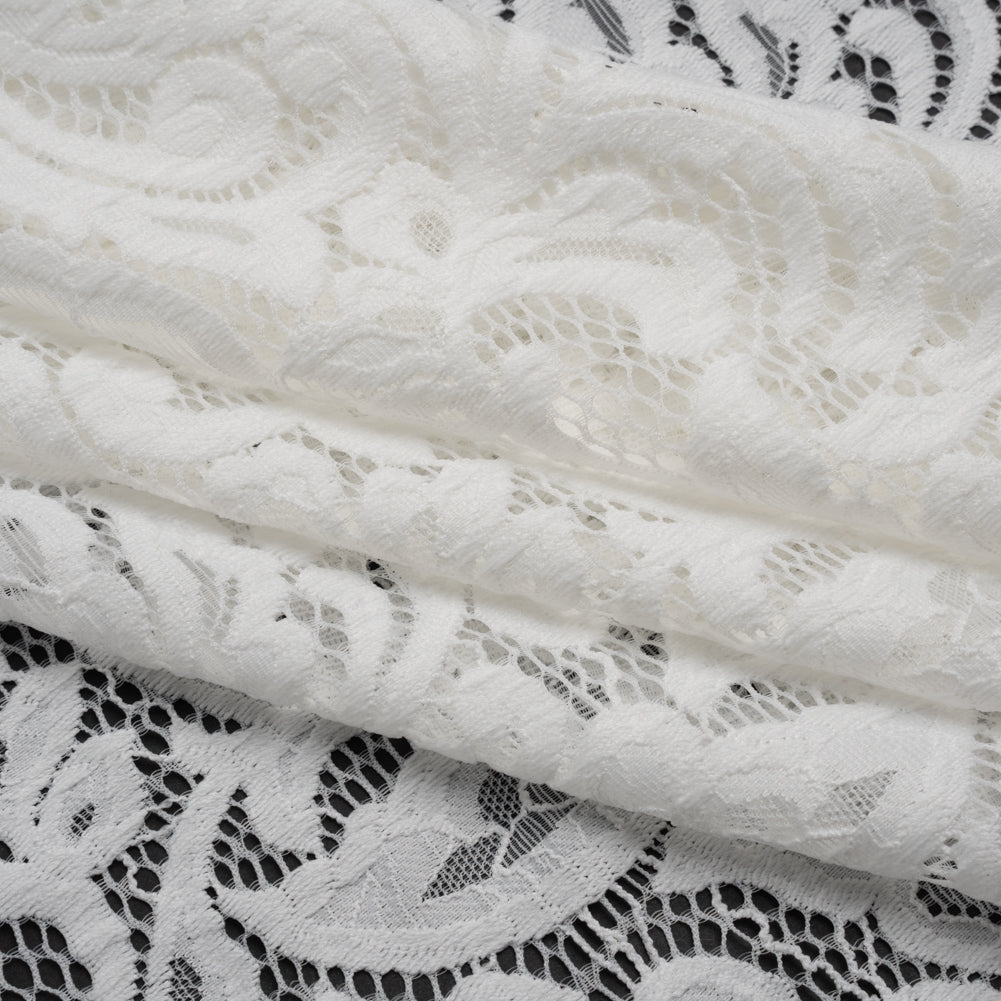 Stretch Re-Embroidered Lace with Finished Edges - Ivory Paisley Leaves and Florals