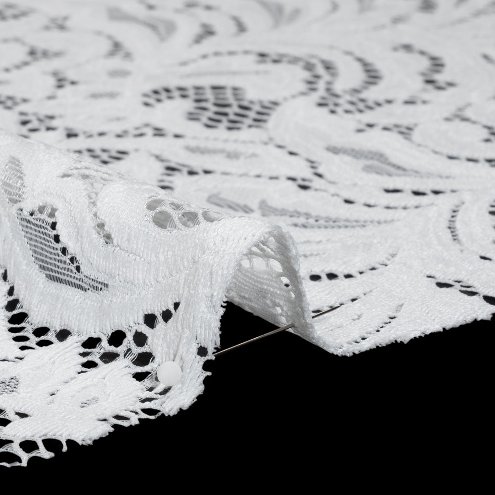 Stretch Re-Embroidered Lace with Finished Edges - Ivory Paisley Leaves and Florals