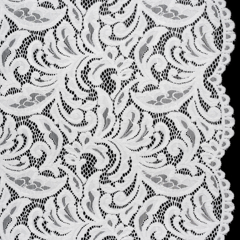 Stretch Re-Embroidered Lace with Finished Edges - Ivory Paisley Leaves and Florals