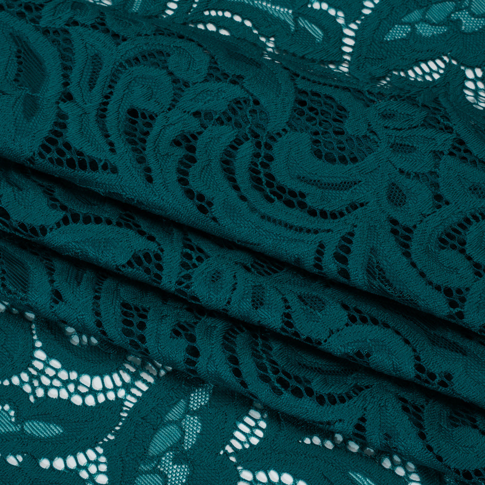 Stretch Re-Embroidered Lace with Finished Edges - Teal Paisley Leaves and Florals