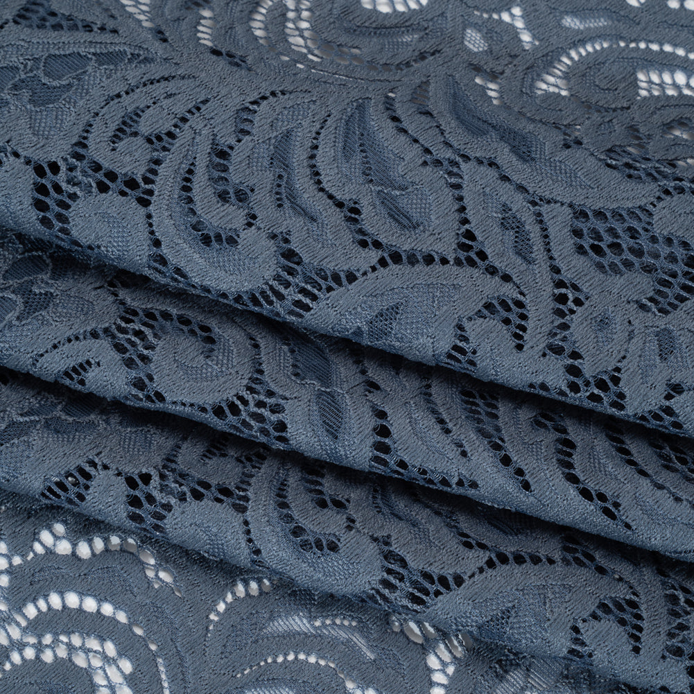 Stretch Re-Embroidered Lace with Finished Edges - True Indigo Paisley Leaves and Florals