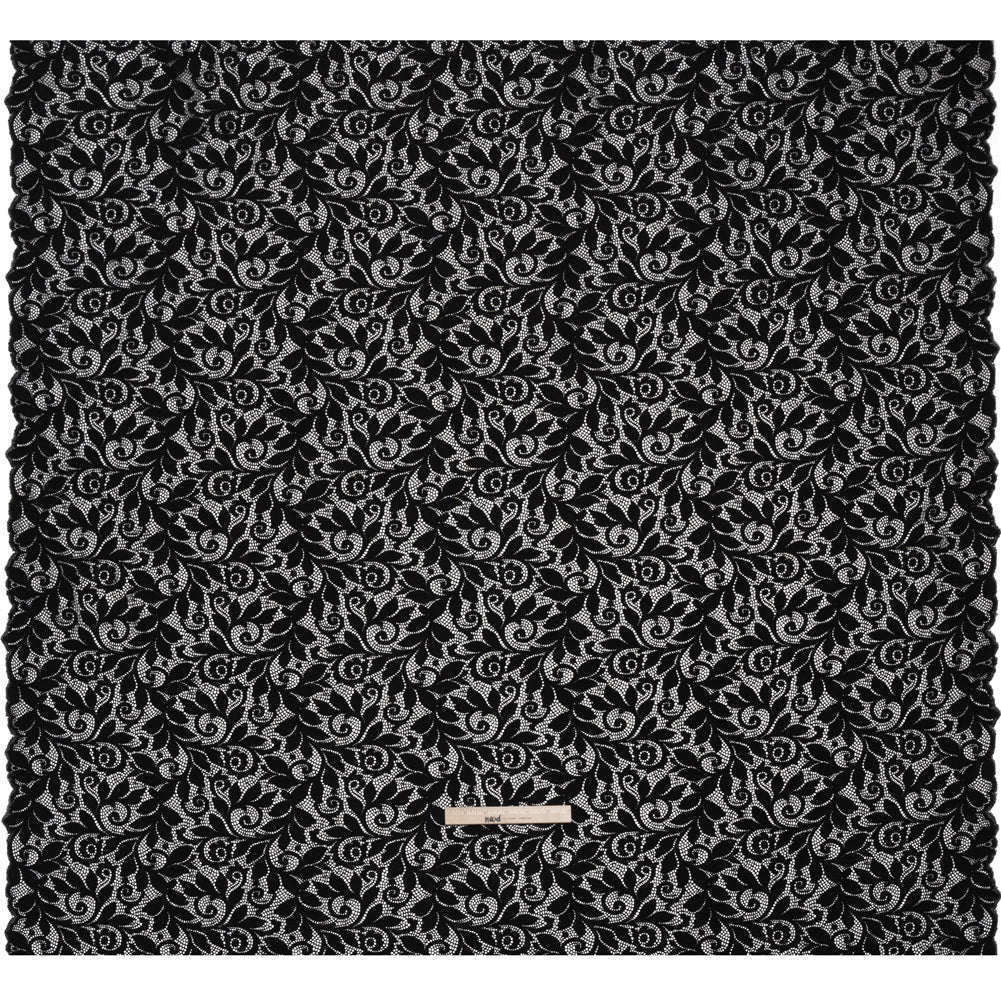 Stretch Re-Embroidered Lace with Finished Edges - Black Curling Leafy Stems