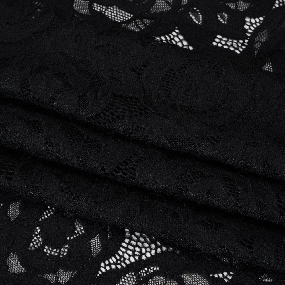 Stretch Re-Embroidered Lace with Finished Edges - Black All-Over Roses