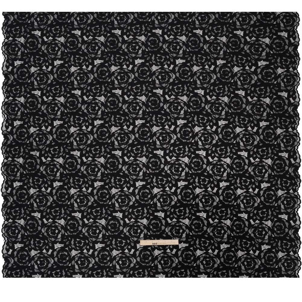 Stretch Re-Embroidered Lace with Finished Edges - Black All-Over Roses