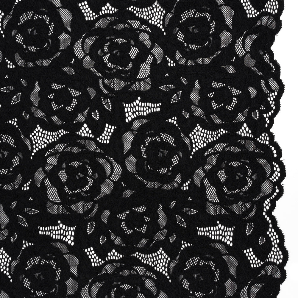 Stretch Re-Embroidered Lace with Finished Edges - Black All-Over Roses