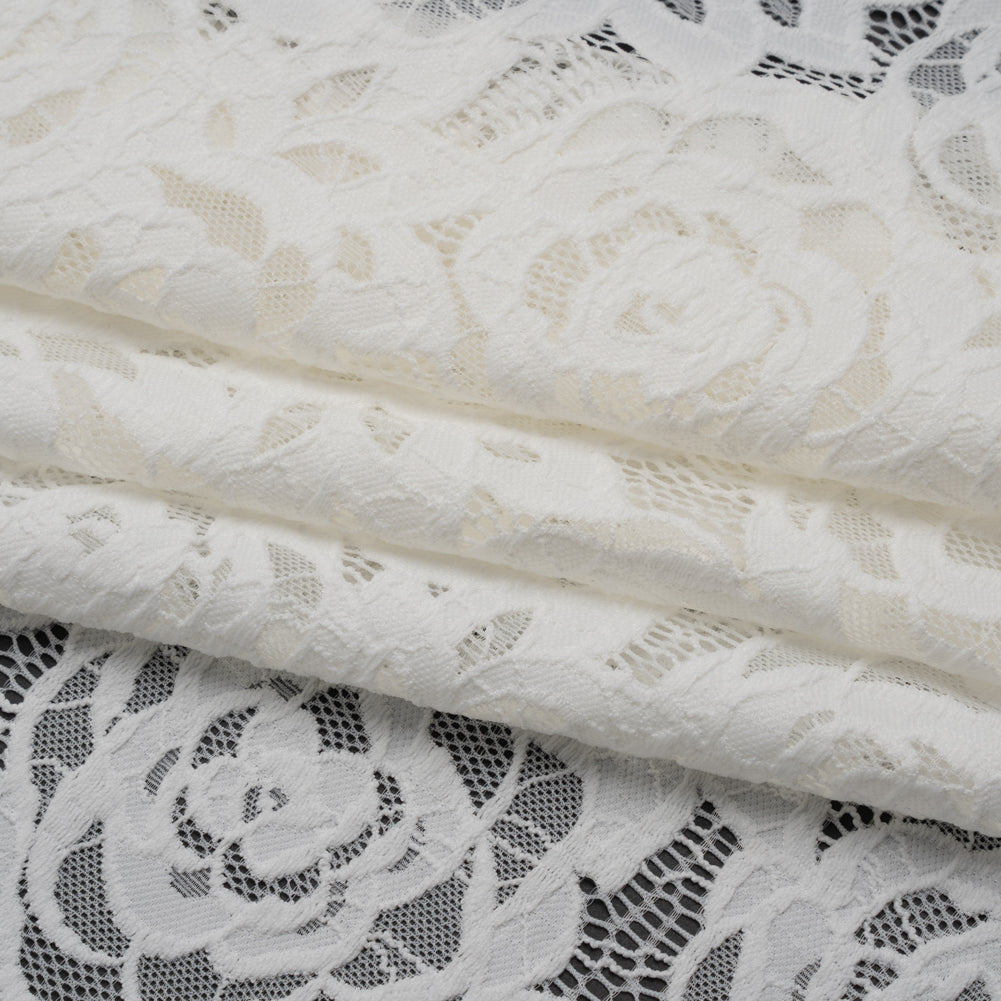 Stretch Re-Embroidered Lace with Finished Edges - Ivory All-Over Roses