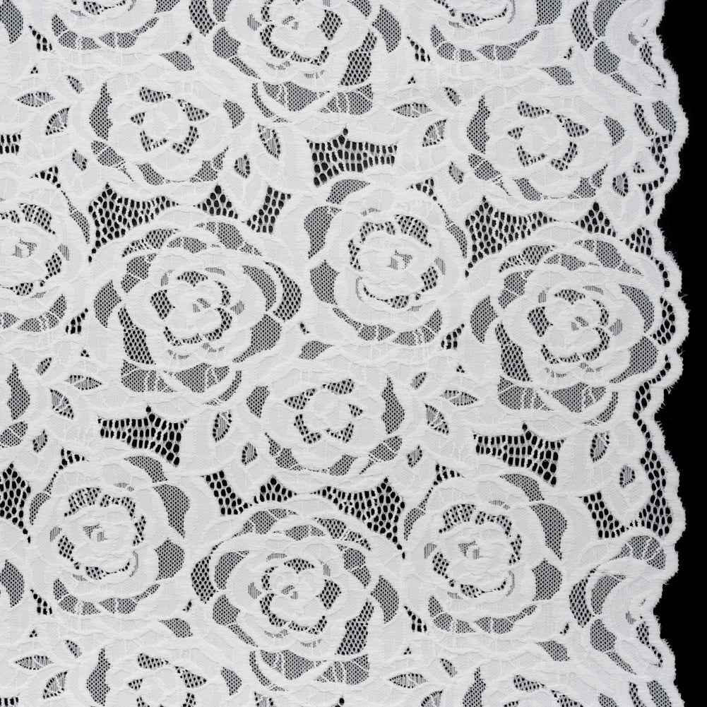 Stretch Re-Embroidered Lace with Finished Edges - Ivory All-Over Roses