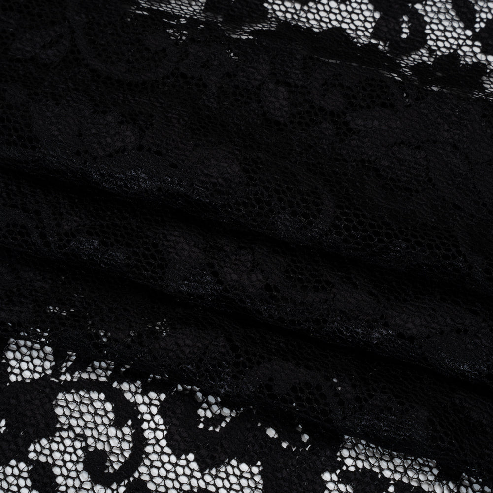 Stretch Raschel Lace with Finished Scalloped Edges - Black Flowers, Leaves and Swirls - Crina Collection