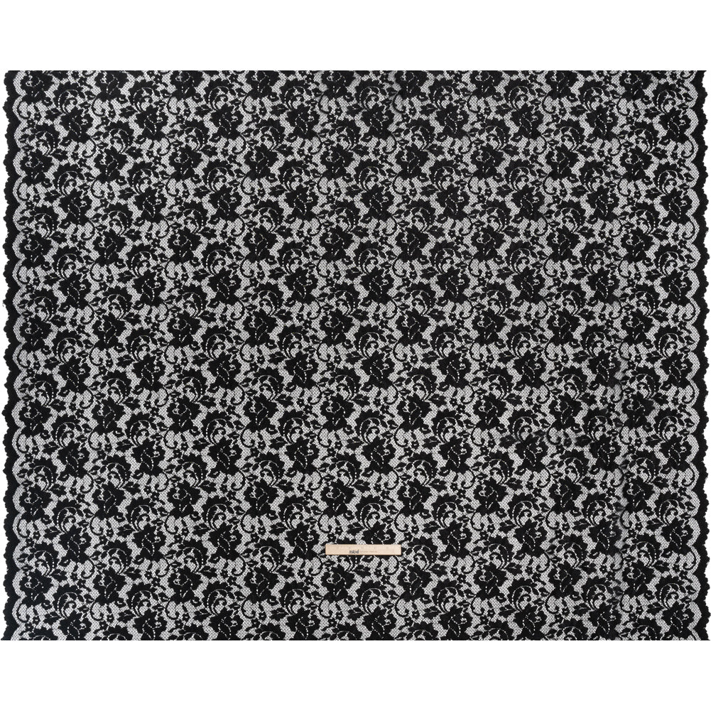 Stretch Raschel Lace with Finished Scalloped Edges - Black Flowers, Leaves and Swirls - Crina Collection