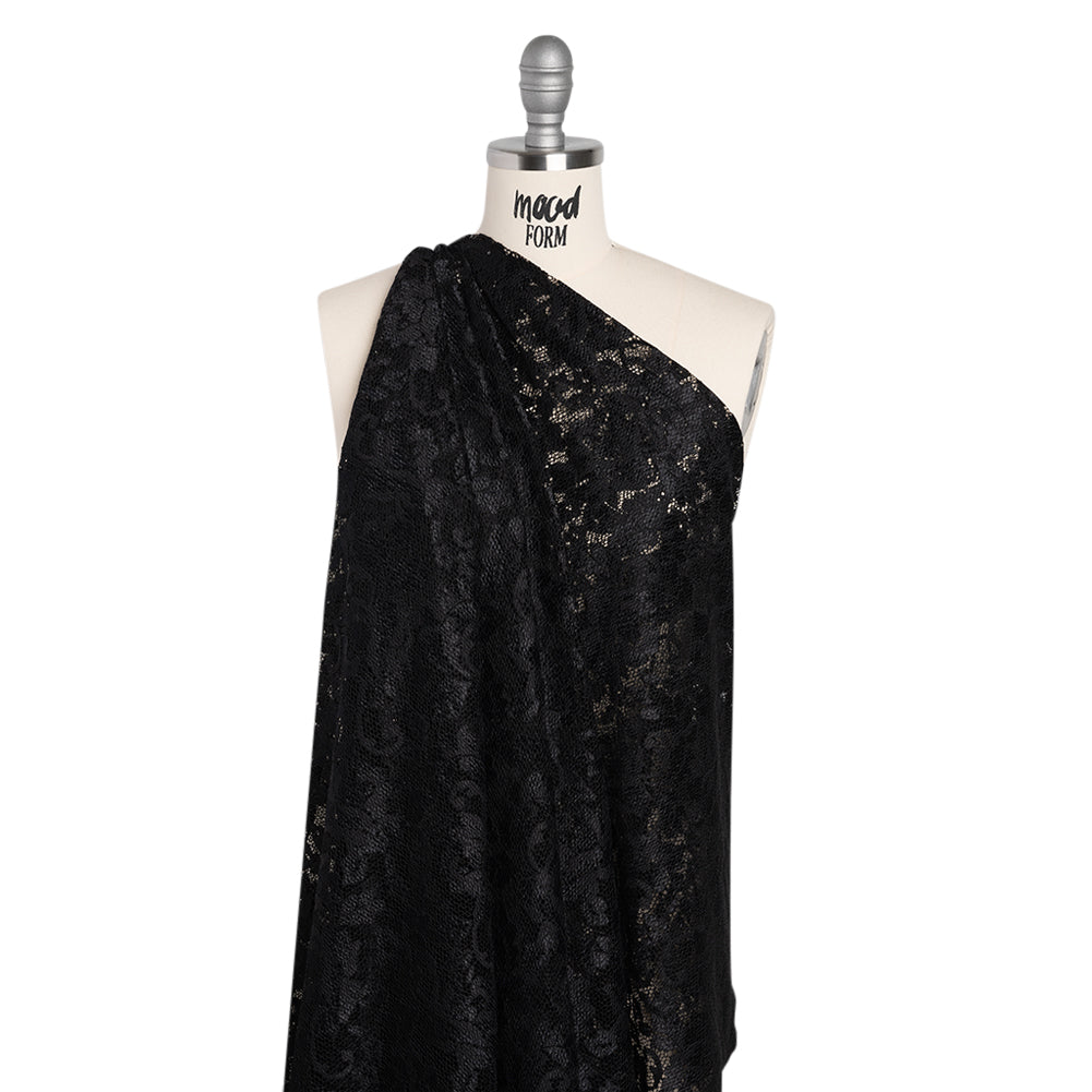 Stretch Raschel Lace with Finished Scalloped Edges - Black Flowers, Leaves and Swirls - Crina Collection