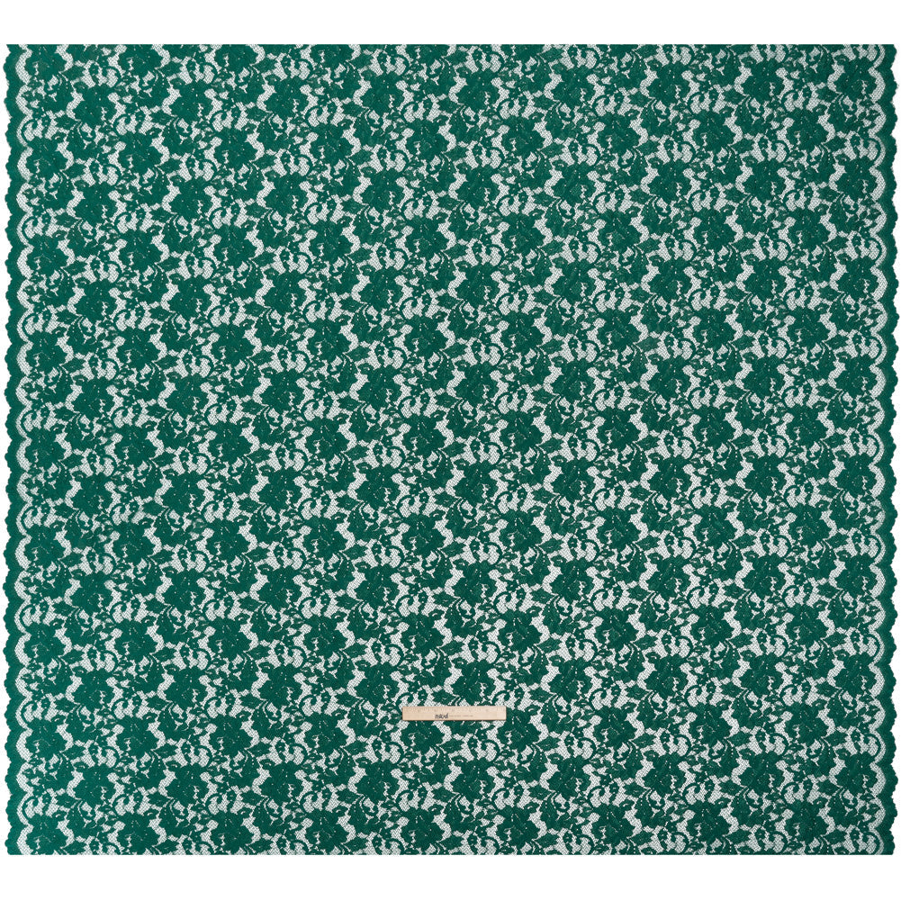 Stretch Raschel Lace with Finished Scalloped Edges - Luminous Emerald Green Flowers, Leaves and Swirls - Crina Collection
