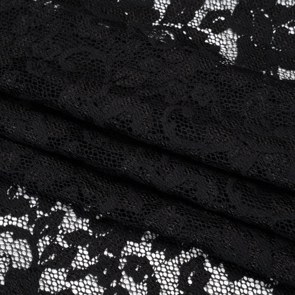 Stretch Raschel Lace with Finished Scalloped Edges - Luminous Black Flowers, Leaves and Swirls - Crina Collection
