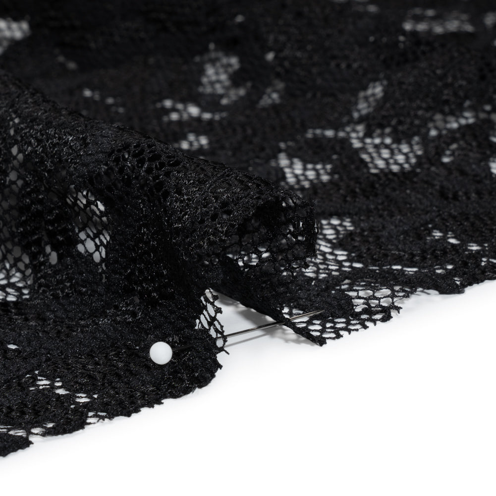 Stretch Raschel Lace with Finished Scalloped Edges - Luminous Black Flowers, Leaves and Swirls - Crina Collection