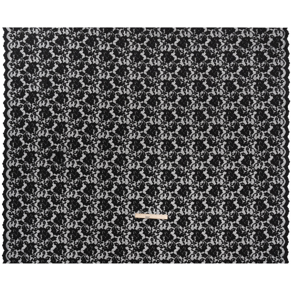 Stretch Raschel Lace with Finished Scalloped Edges - Luminous Black Flowers, Leaves and Swirls - Crina Collection