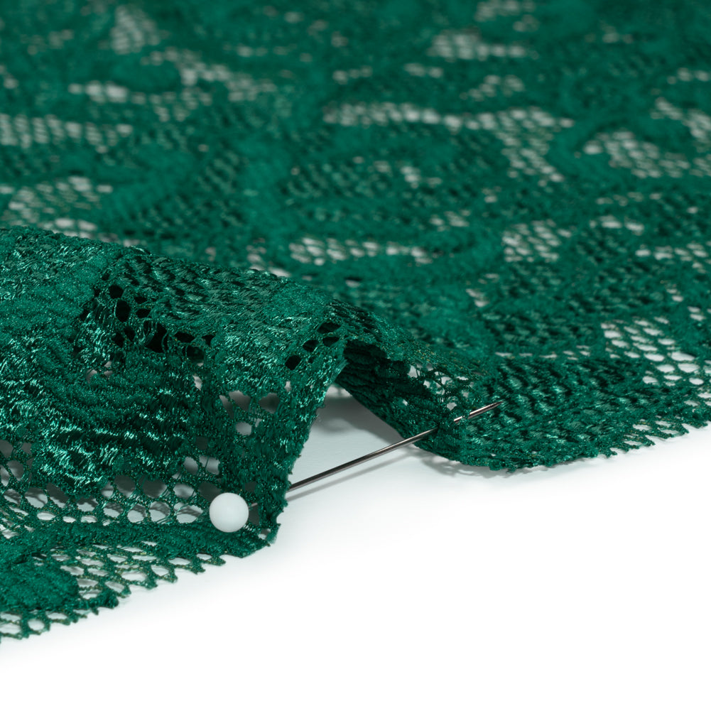 Stretch Raschel Lace with Finished Scalloped Edges - Luminous Jungle Green Flowers, Leaves and Swirls - Crina Collection