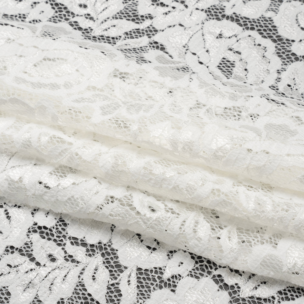 Luminous Recycled Stretch Raschel Lace with Finished Edges - Ivory Rose Blooms