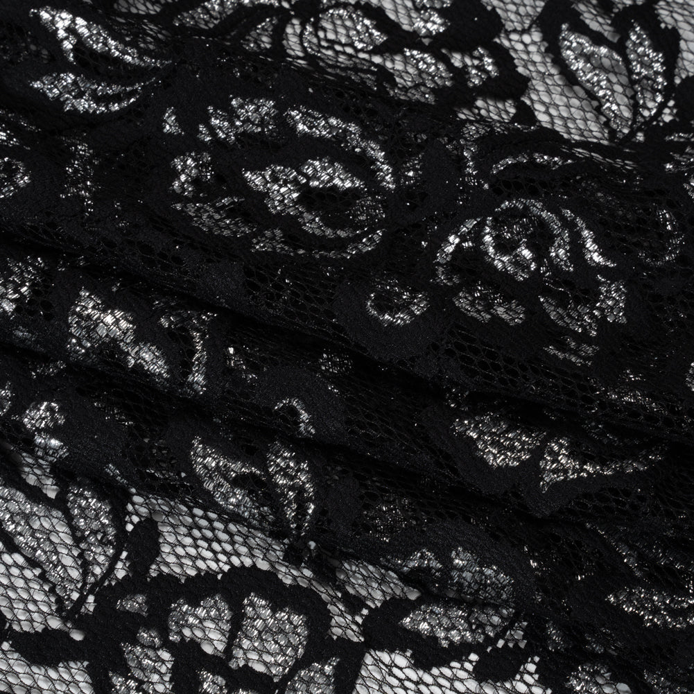 Stretch Metallic Raschel Lace with Finished Edges - Black and Silver Blooming Petals