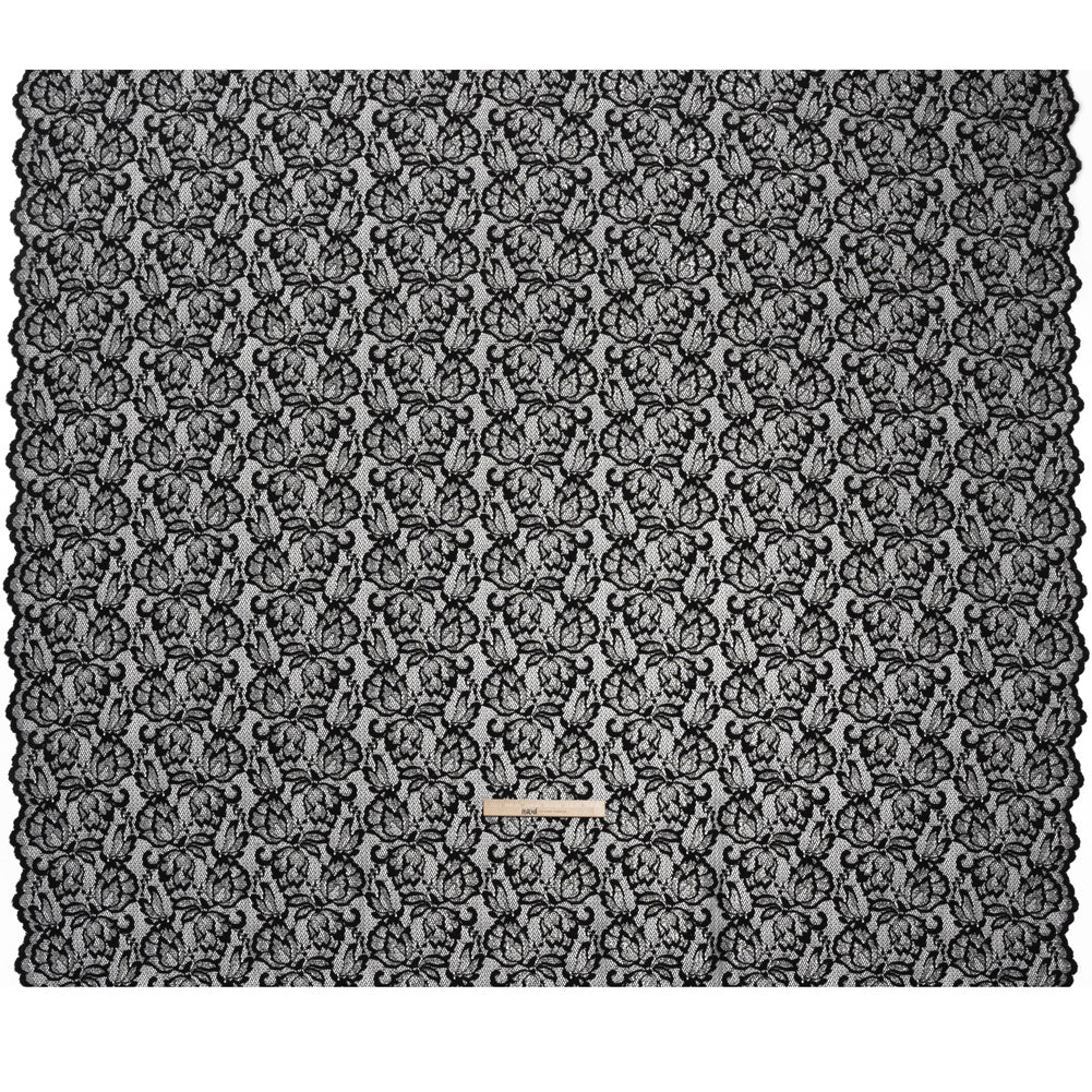 Stretch Metallic Raschel Lace with Finished Edges - Black and Silver Blooming Petals