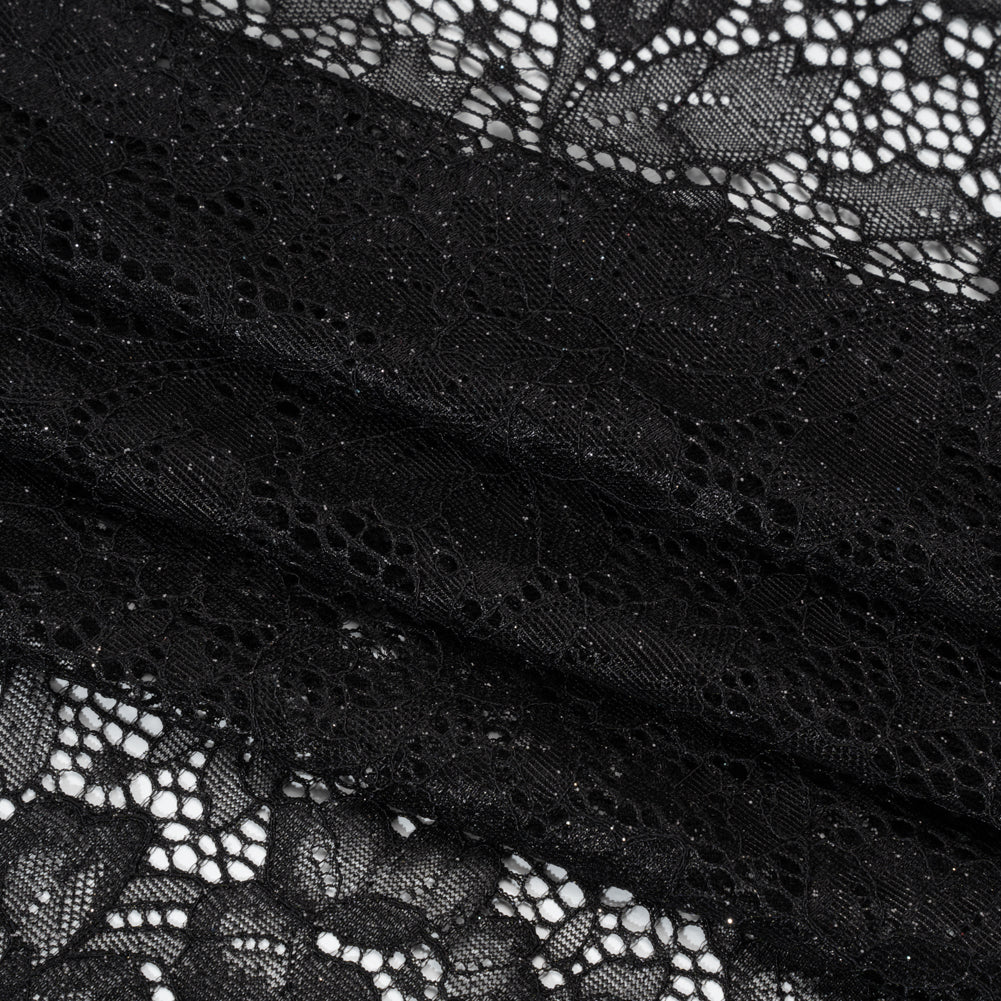 Stretch Corded Raschel Lace with All-Over Glitter - Black on Black Floral