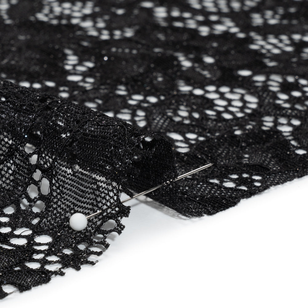 Stretch Corded Raschel Lace with All-Over Glitter - Black on Black Floral