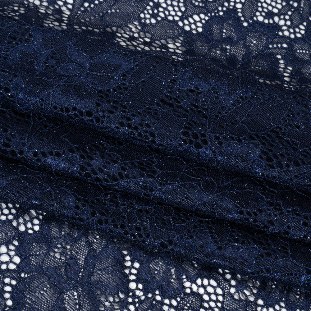 Stretch Corded Raschel Lace with All-Over Glitter - Navy on Navy Floral