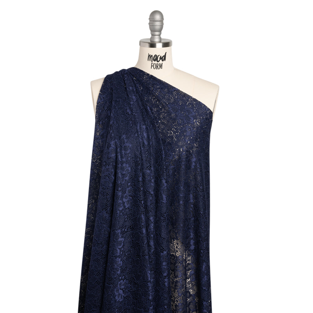 Stretch Corded Raschel Lace with All-Over Glitter - Navy on Navy Floral