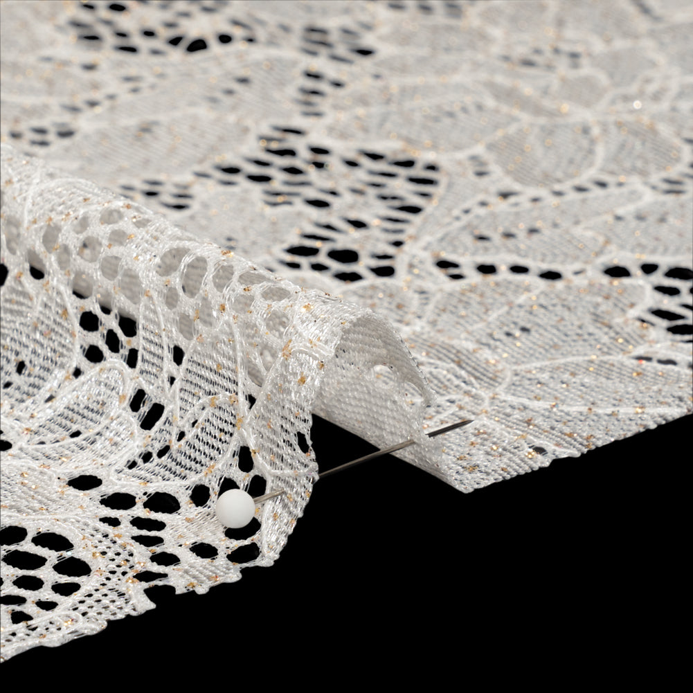 Stretch Corded Raschel Lace with All-Over Glitter - Candlelight Beige on White Floral