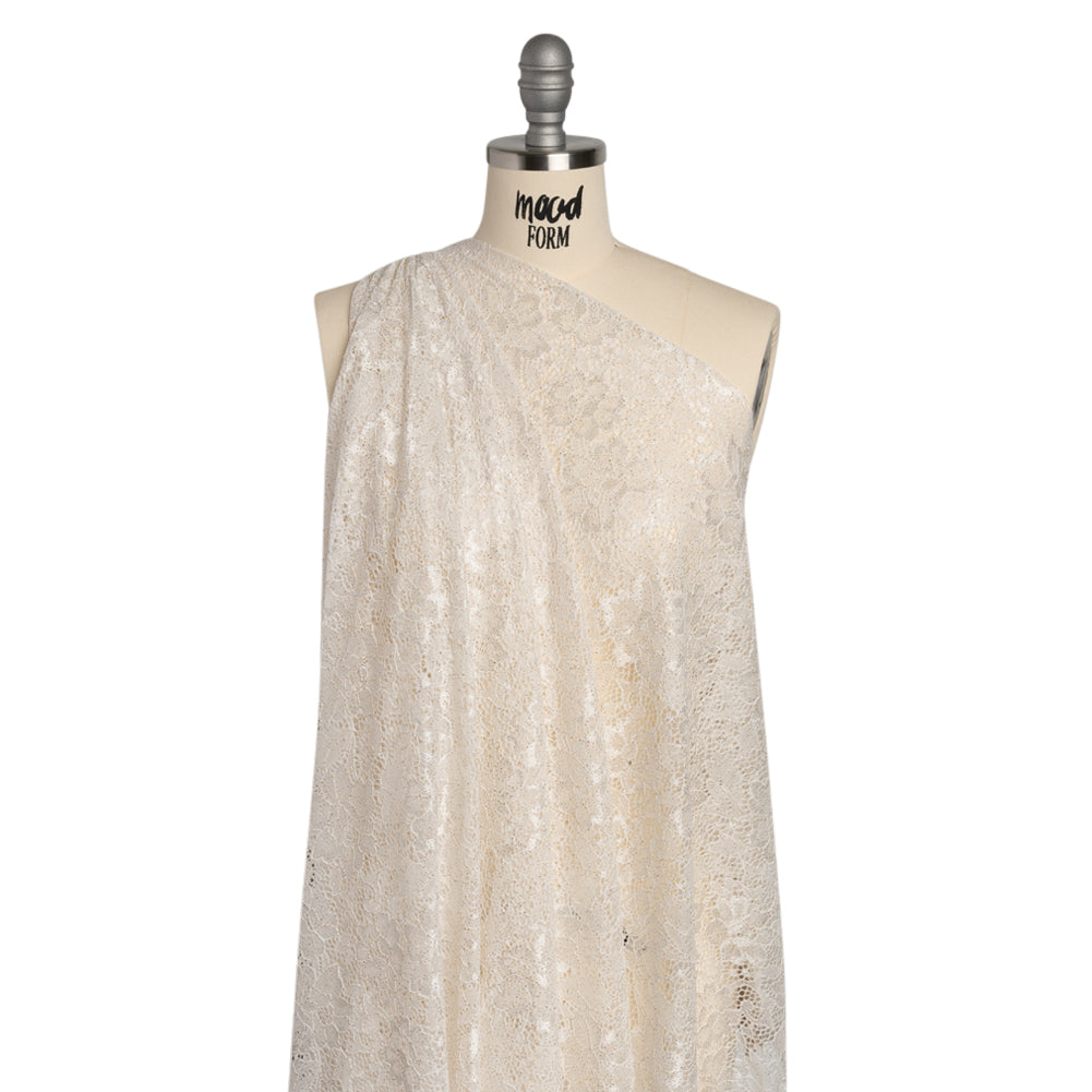 Stretch Corded Raschel Lace with All-Over Glitter - Candlelight Beige on White Floral