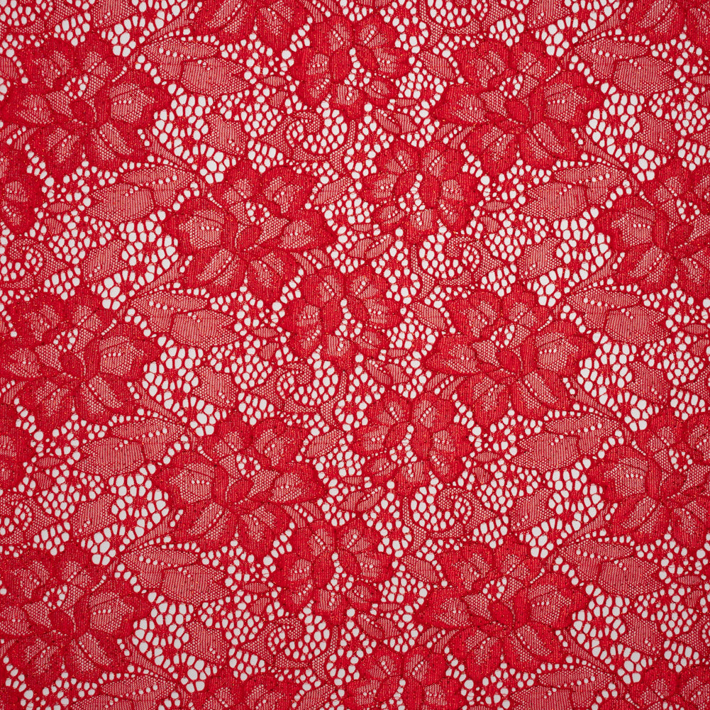 Stretch Corded Raschel Lace with All-Over Glitter - Red on Red Floral