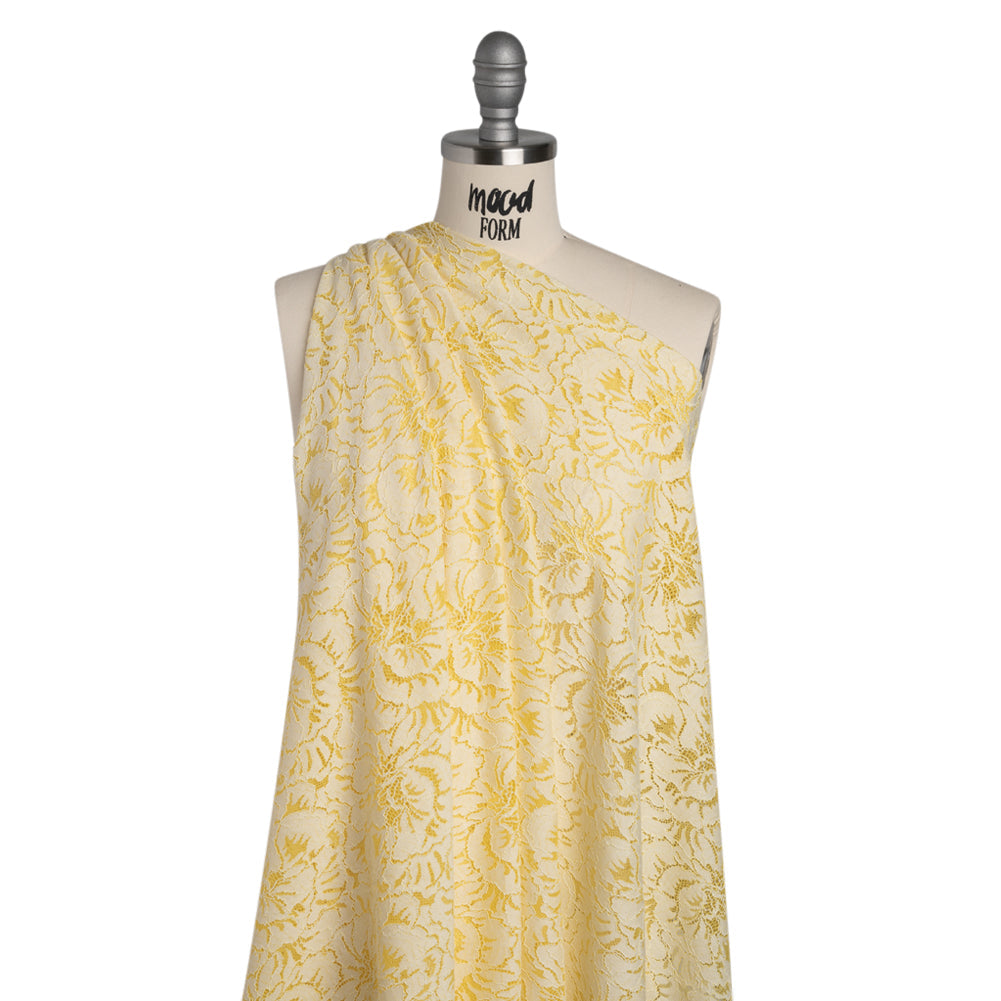 Stretch Corded Lace with Finished Edges - Acacia Yellow and Natural Bold Blooming Florals - Dania Collection
